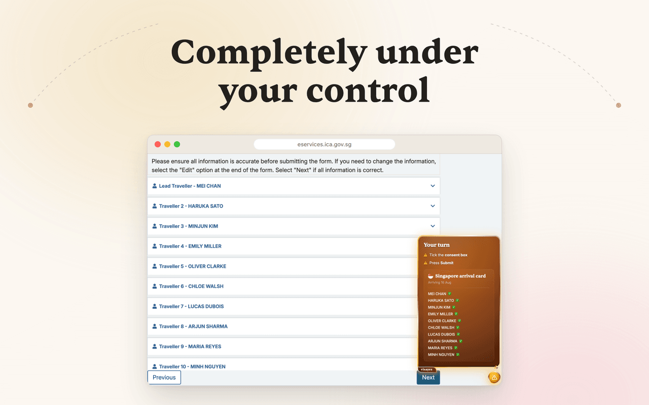 The review page listing ten travelers, with the helper panel showing Your turn: tick the consent box, press Submit.