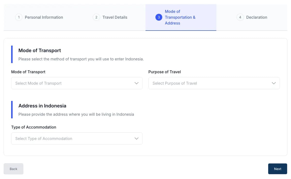 Step 3 of the Indonesia arrival card, Mode of Transportation and Address, empty: the mode of transport and purpose of travel pickers, and the type of accommodation picker under Address in Indonesia.