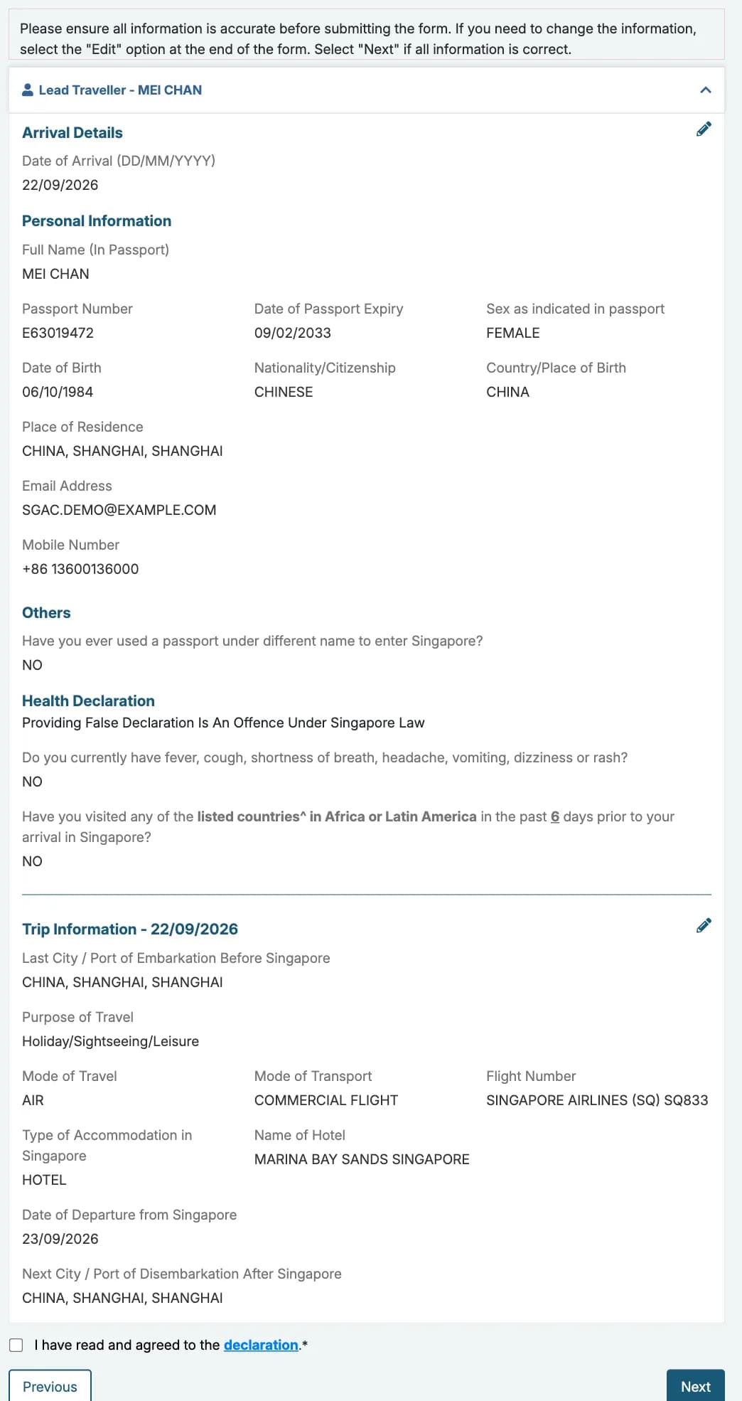 Step 3 of the SG Arrival Card, the review page with demo data, ending in the checkbox I have read and agreed to the declaration.