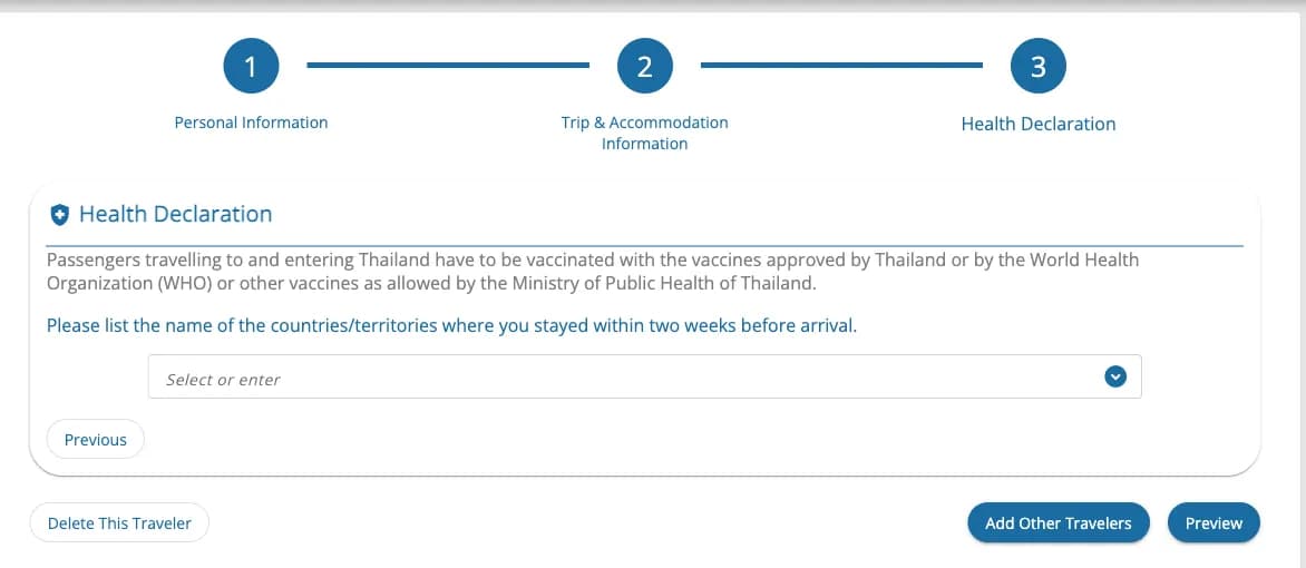Step 3 of the Thailand Digital Arrival Card, Health Declaration, empty: the vaccination notice and a single field asking for the countries or territories stayed in within two weeks before arrival.