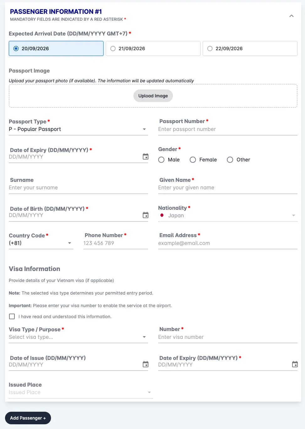 Step 1 of the Vietnam pre-arrival declaration, Passenger Information, empty: the three expected-arrival-date buttons, the passport image upload, passport type, number and expiry, gender, surname and given name, date of birth, nationality, country code, phone number and email, then the Visa Information block with its acknowledgement checkbox, visa type, number, issue and expiry dates and issued place.