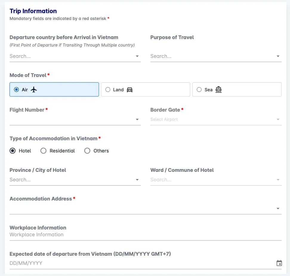 Step 2 of the Vietnam pre-arrival declaration, Trip Information, empty: departure country before arrival, purpose of travel, mode of travel (air, land, sea), flight number, border gate, type of accommodation, province or city and ward or commune of the hotel, accommodation address, workplace information and expected date of departure.