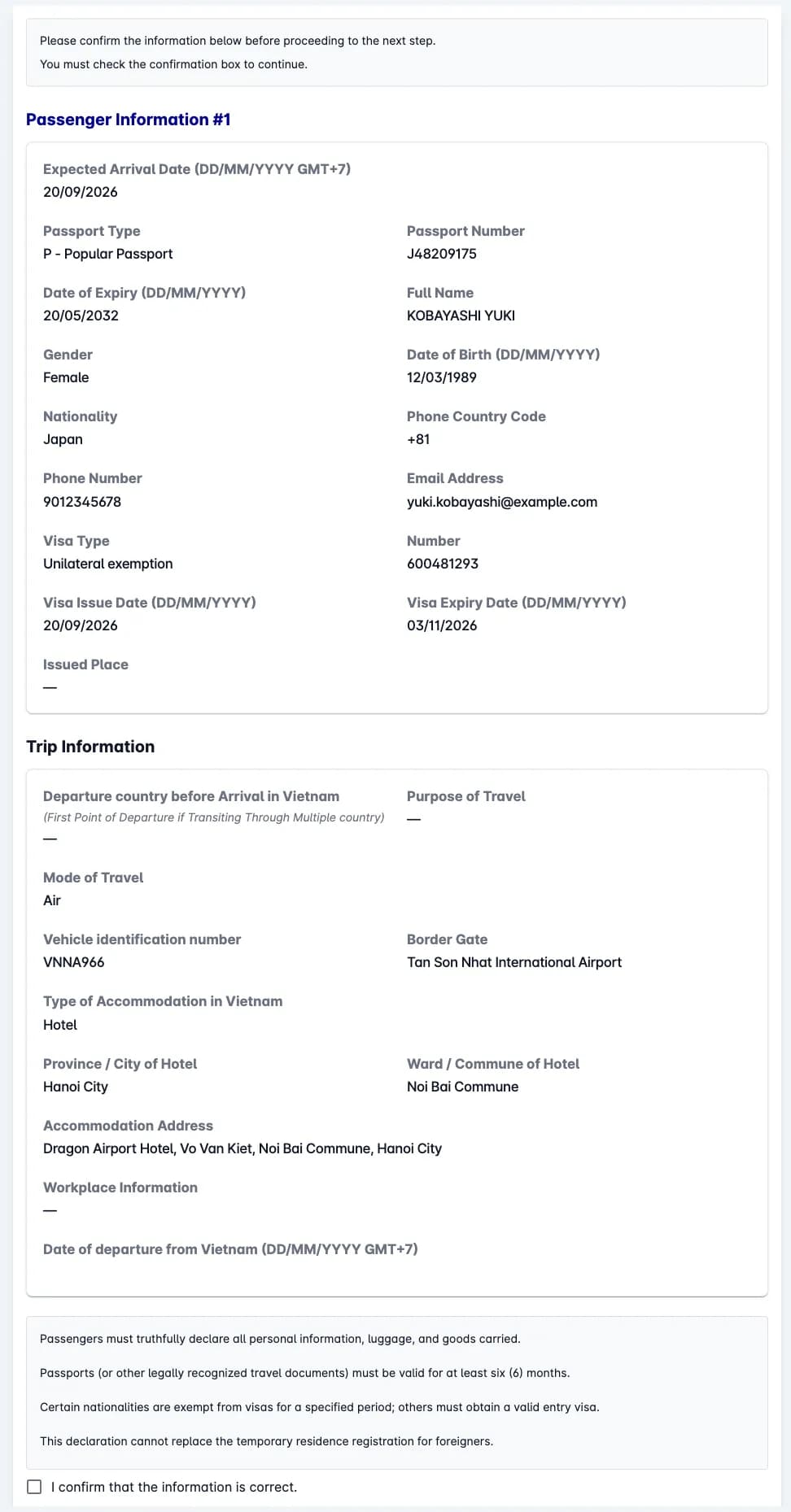 Step 3 of the Vietnam pre-arrival declaration, the review and submit page with demo data, its four declaration statements, the checkbox reading I confirm that the information is correct, and the submit button.